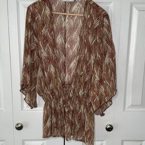 Sag Harbor Women 1X Brown and Cream Sheer Kimono with Hook & Eye Clasp EUC